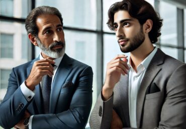 A junior employee in a conversation with a more senior employee. The junior employee is explaining something in a calm and grounded manner, and the senior employee is actively listening.
