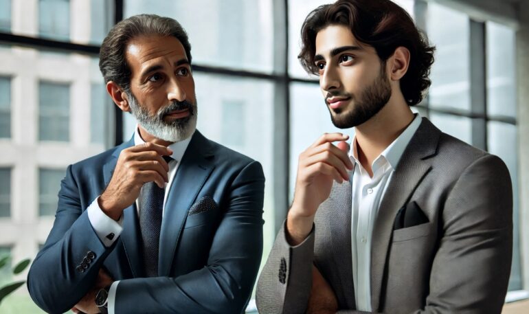 A junior employee in a conversation with a more senior employee. The junior employee is explaining something in a calm and grounded manner, and the senior employee is actively listening.